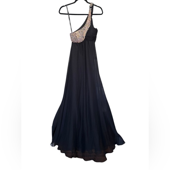 Jovani Black Chiffon One Shoulder Jewel Strap Ruched Bust Back Cut Out Size 2 - Picture 1 of 4